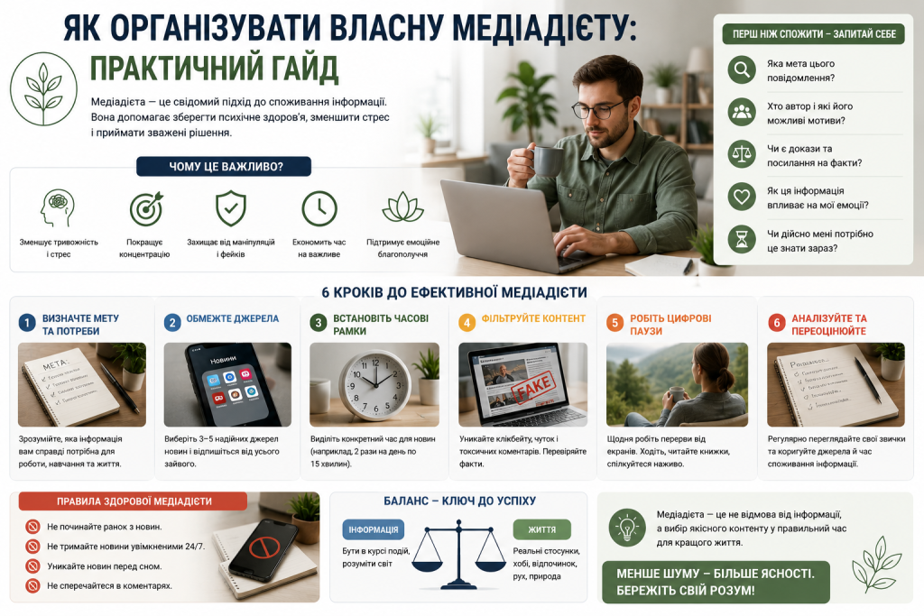 Інфографіка з 6 кроками до ефективної медіадієти та порадами для здорового споживання інформації