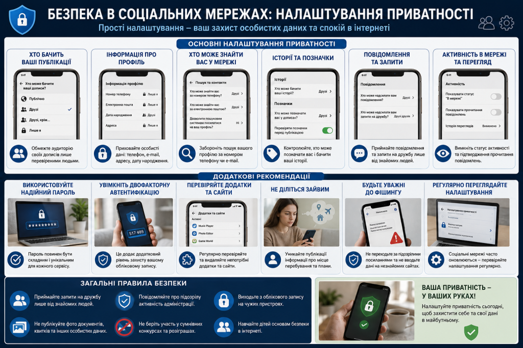 Інфографіка про безпеку в соціальних мережах, налаштування приватності, захист особистих даних і двофакторну автентифікацію