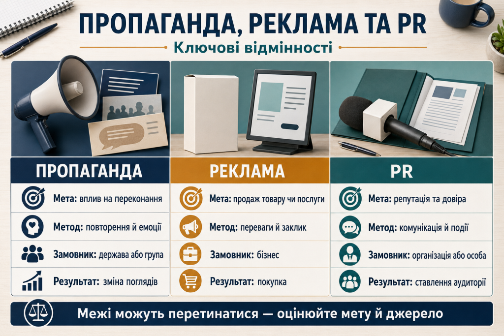 Інфографіка з порівнянням пропаганди, реклами та PR за метою, методами, замовником і результатом