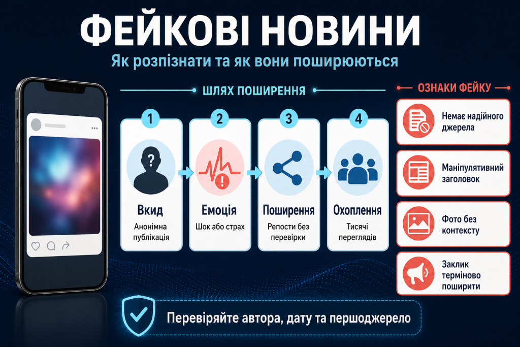 Інфографіка про ознаки фейкових новин, способи їх поширення та перевірку автора і першоджерела