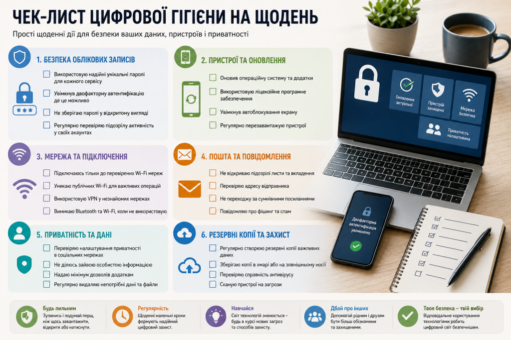 Інфографіка з правилами цифрової гігієни, захисту акаунтів, пристроїв, мережі, пошти та особистих даних