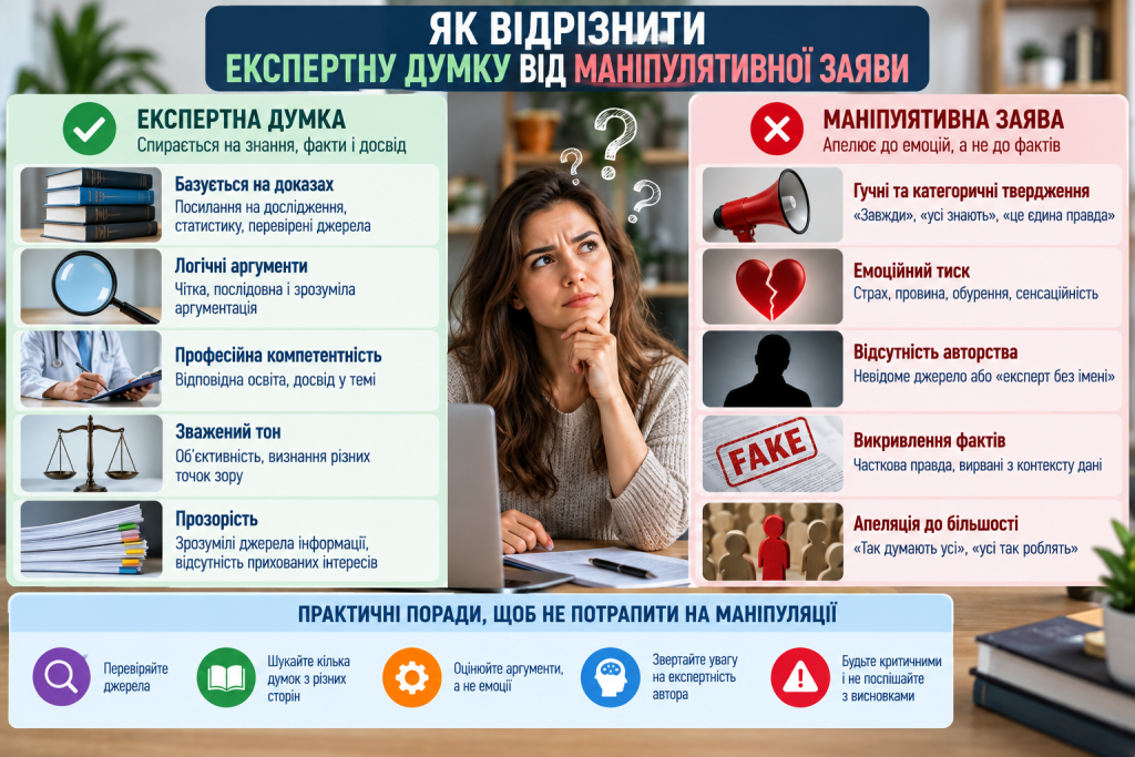 Інфографіка про ознаки експертної думки та маніпулятивної заяви, перевірку джерел, фактів, аргументів і компетентності автора