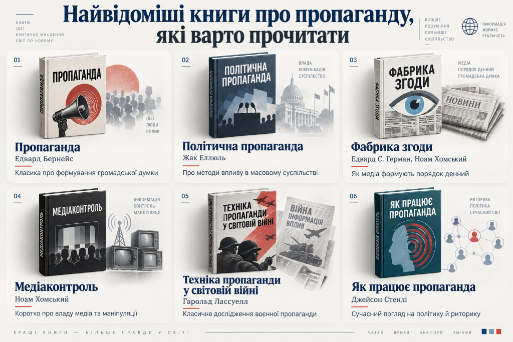 Інфографіка з добіркою відомих книг про пропаганду, медіавплив, громадську думку та політичну комунікацію.