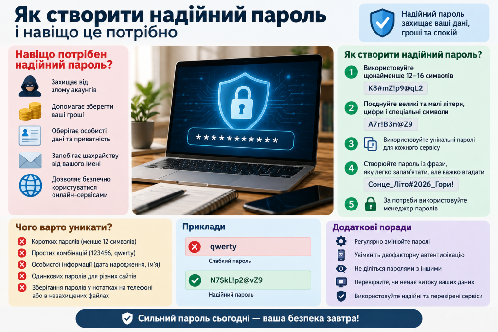 Інфографіка з правилами створення надійного пароля, прикладами складних комбінацій і порадами щодо захисту облікових записів.