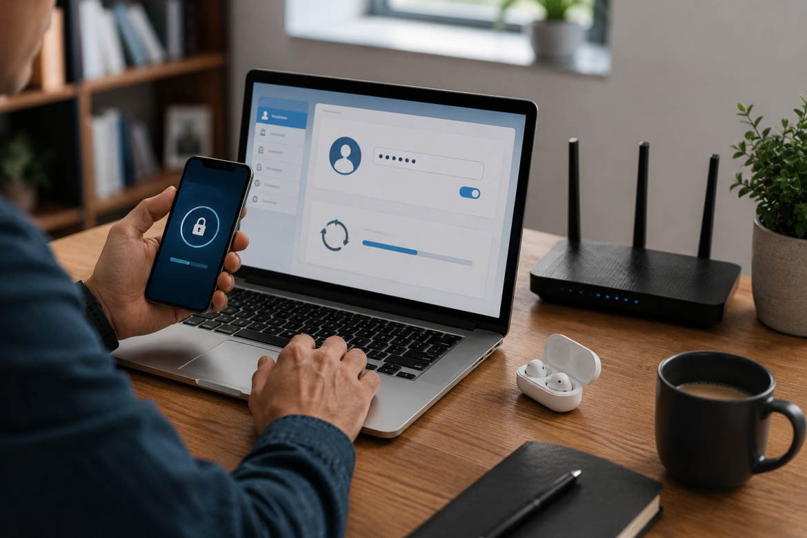 Чоловік налаштовує захист акаунта на ноутбуці та смартфоні поруч із домашнім Wi-Fi роутером